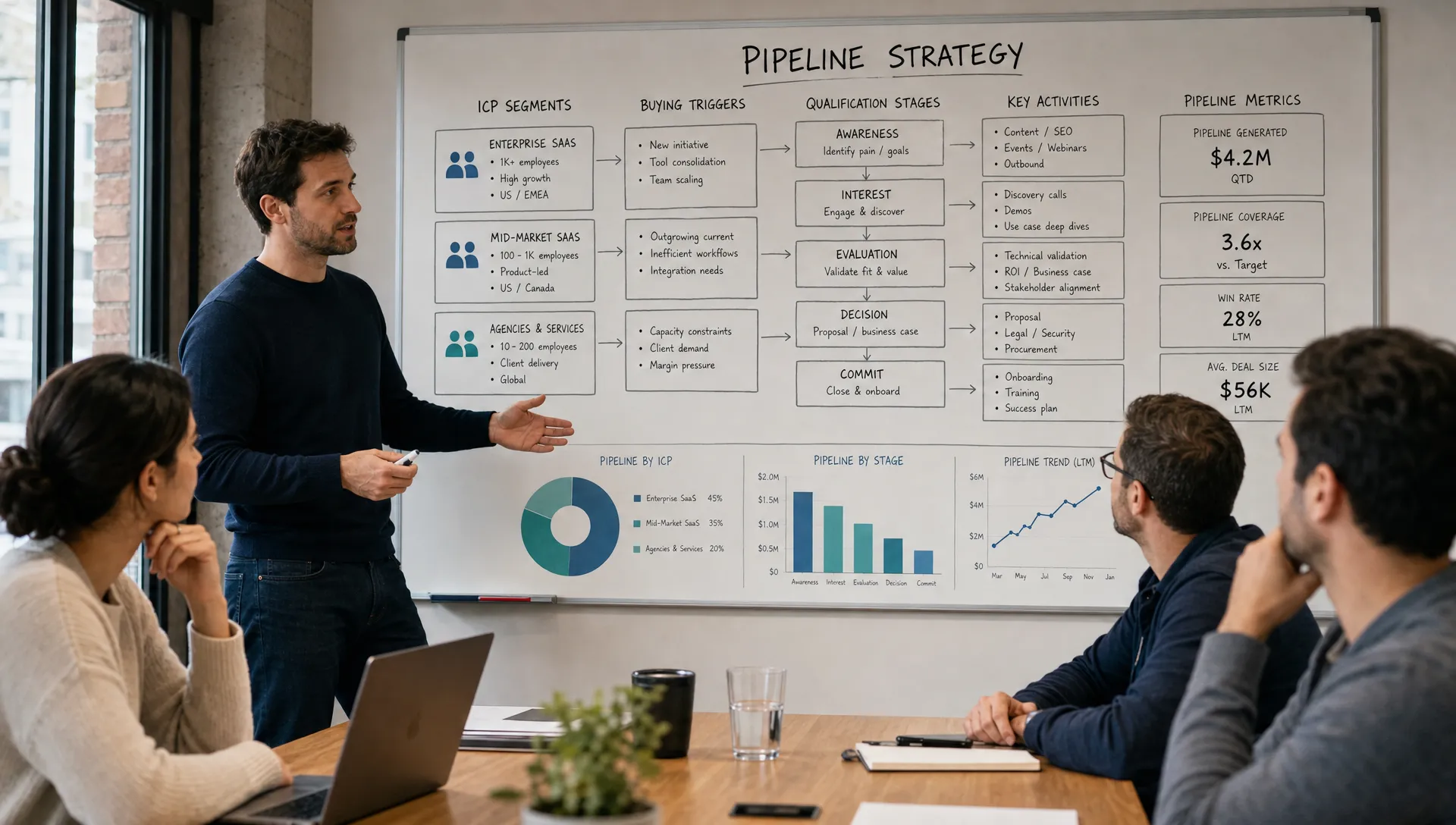 A founder-led B2B team reviews a pipeline strategy board with ICP segments, buying triggers, qualification stages and revenue metrics.