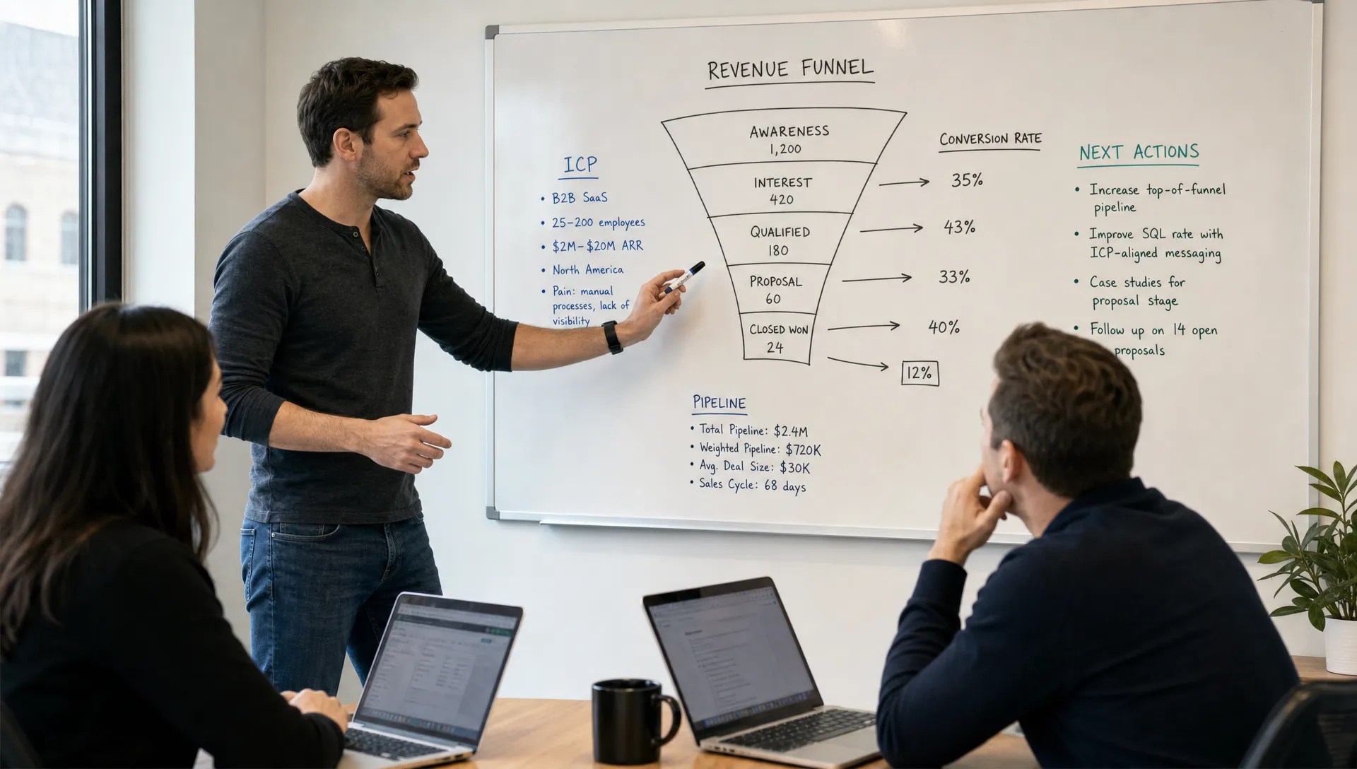 A founder-led B2B team reviews a revenue funnel on a whiteboard with notes for ICP, pipeline, conversion rates, and next actions.