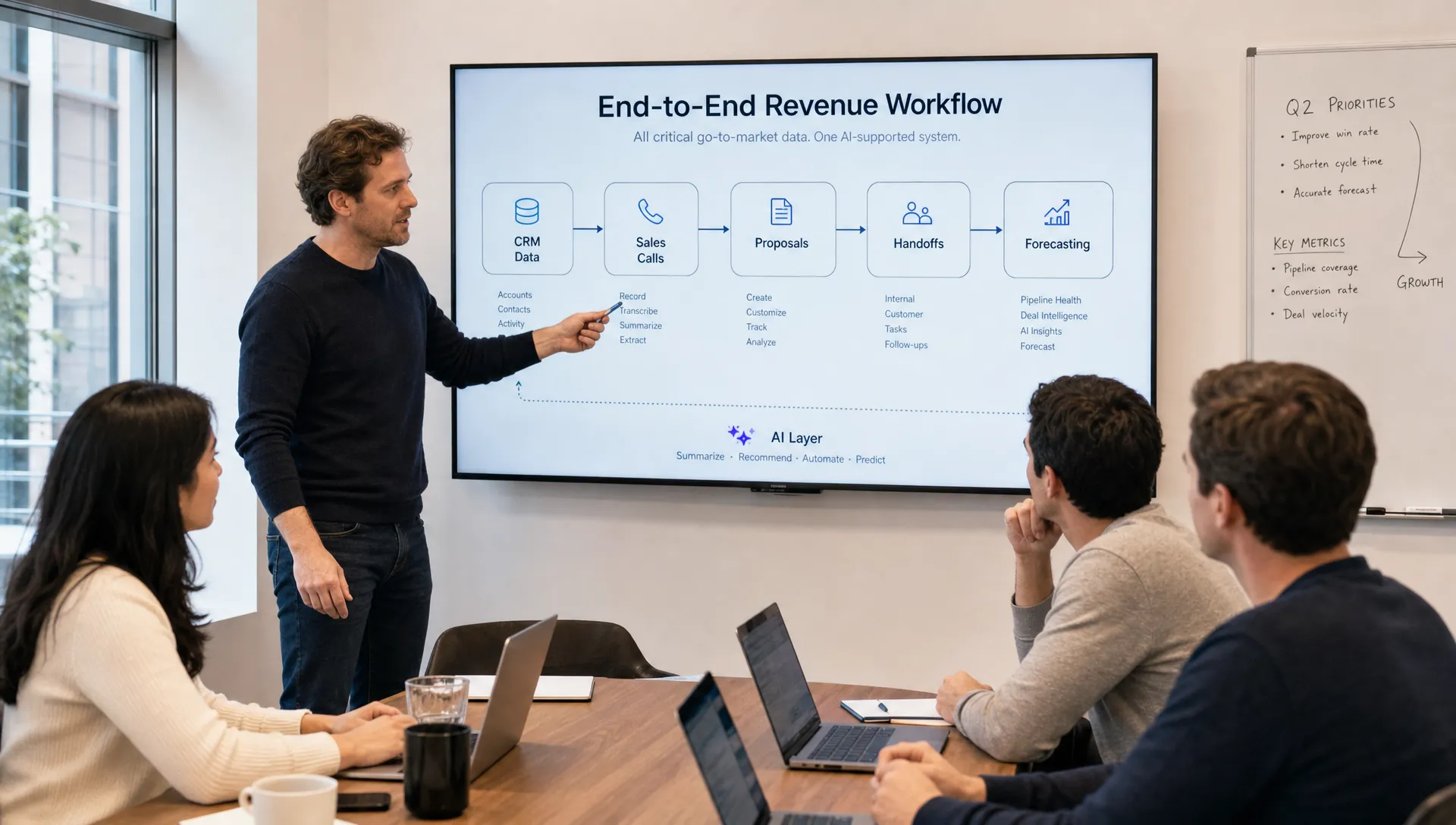 A founder-led B2B team reviews a workflow that connects CRM data, sales calls, proposals, handoffs, and forecasting into one AI-supported system.