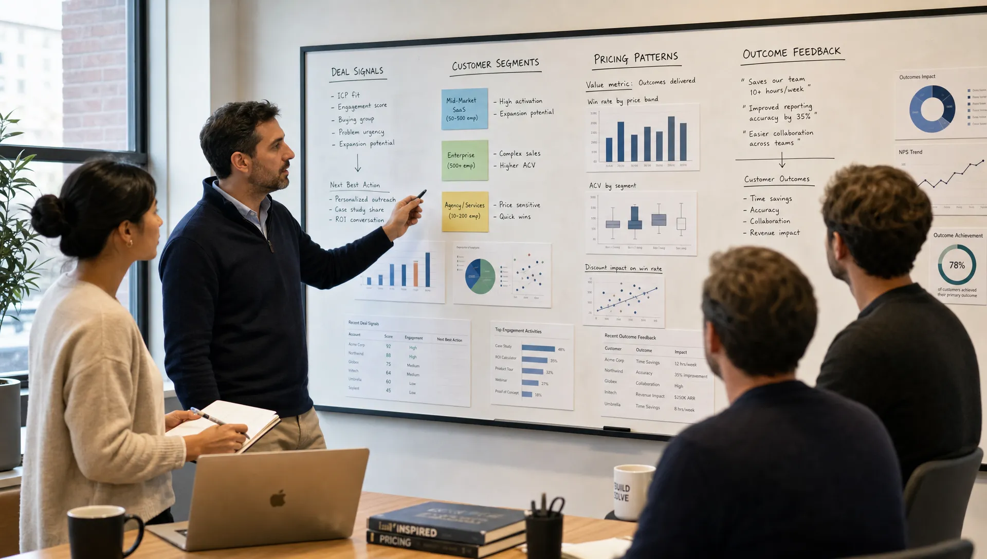 A founder-led B2B team studies a wall board of deal signals, customer segments, pricing patterns, and outcome feedback.