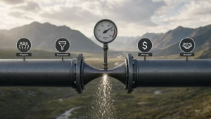 A narrow choke point interrupts a commercial flow line marked with pipeline, conversion, pricing, and handoff signals.