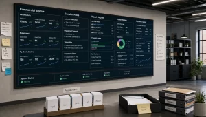 A practical operations room displays commercial signals, decision rules, and outcome tracking for an AI learning system.