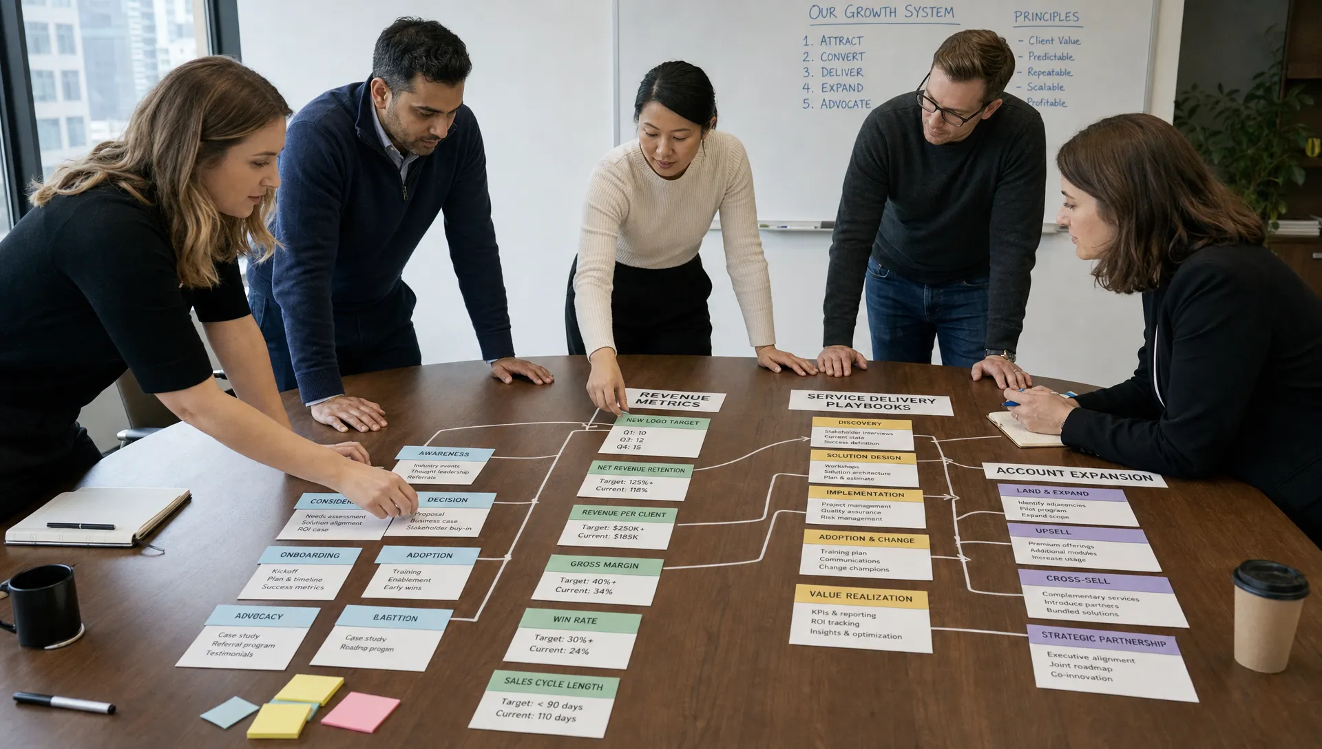 A professional services team mapping a growth system around a conference room table with client journey notes, revenue metrics cards, service delivery playbooks, and account expansion plans arranged in connected groups.