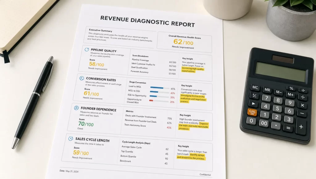 A revenue diagnostic report on a desk shows pipeline quality, conversion rates, founder dependence, and sales cycle length.