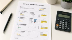 A revenue diagnostic report on a desk shows pipeline quality, conversion rates, founder dependence, and sales cycle length.