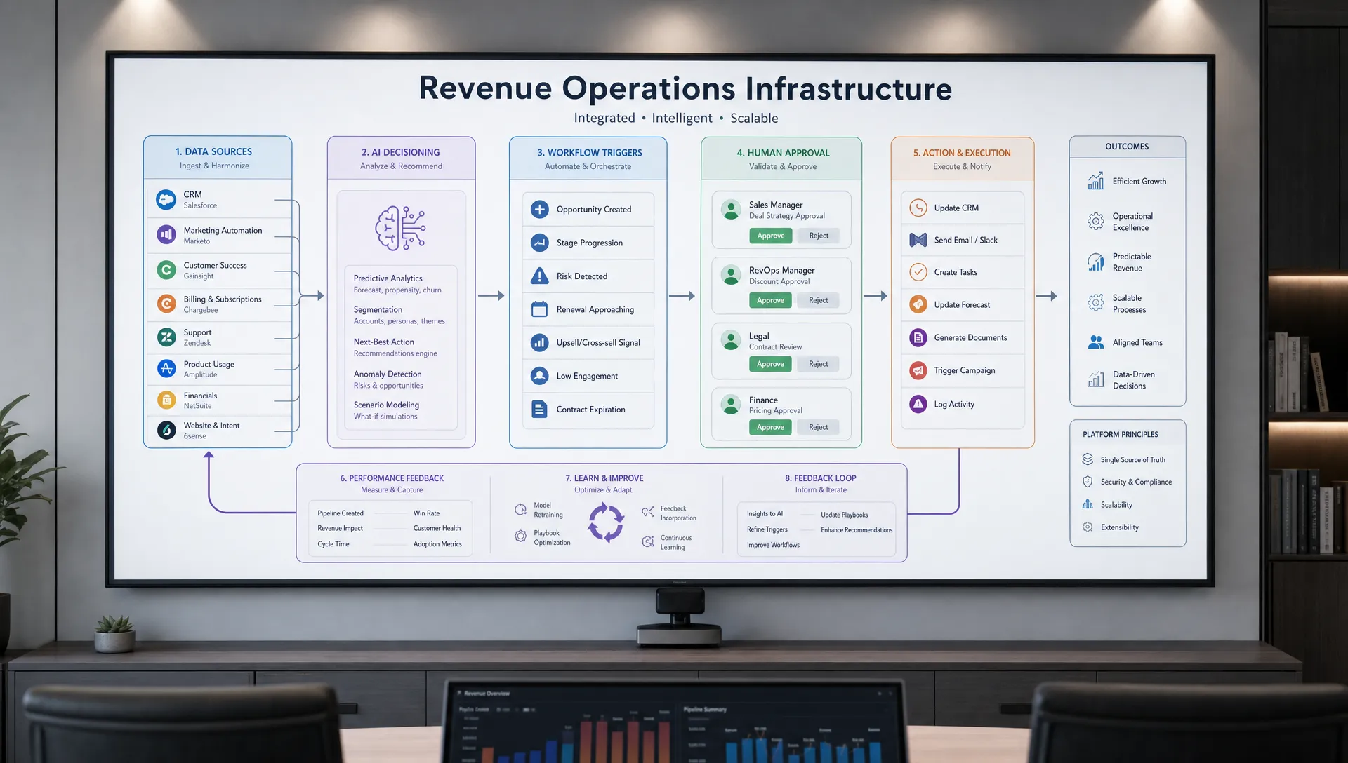 A visual map of connected Revenue Ops infrastructure showing data sources, AI decisioning, workflow triggers, human approval points, and performance feedback loops, laid out as a system diagram on a wall display in a clean operations room.