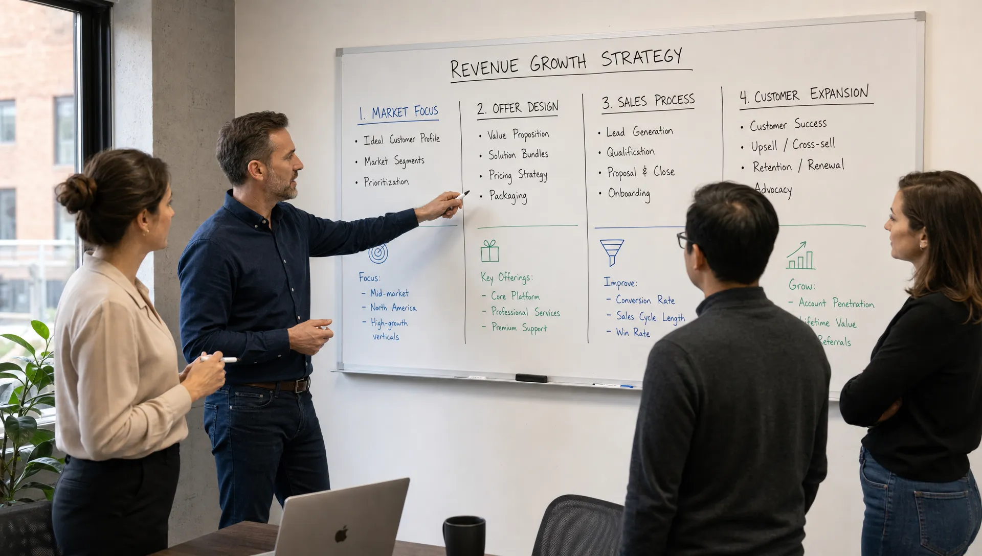 Founder-led B2B leadership team reviewing a revenue growth strategy on a whiteboard with sections for market focus, offer design, sales process and customer expansion.