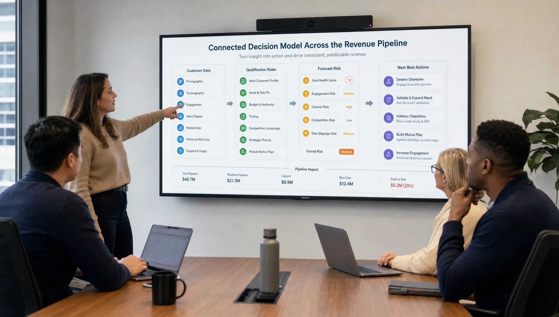 A B2B revenue team reviewing a shared decision model that connects customer data, qualification rules, forecast risk, and next best actions across the sales pipeline, shown on a wall display in a meeting room.