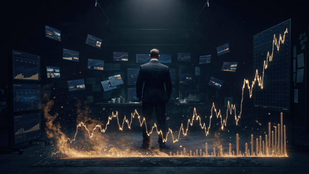 Phil Pelucha standing in a moody creative agency studio surrounded by glowing holographic revenue architecture blueprints and a jagged revenue line graph turning into a steady ascending line.