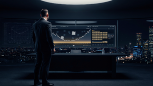 Phil Pelucha studying a stalled sales pipeline dashboard in a dark boardroom, with translucent CRM deal cards and glowing architectural blueprints layered behind it, illustrating why a CRM investment alone did not improve revenue.
