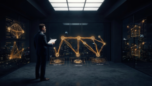 Phil Pelucha standing in a dark boardroom studying a glowing holographic revenue structure blueprint with five interconnected role nodes and architectural schematics on the glass walls behind him.