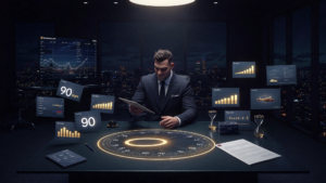 Phil Pelucha standing at a glass table reviewing a glowing holographic 90-day timeline projection, surrounded by deal pipeline cards and revenue charts, representing fractional CRO engagement length.