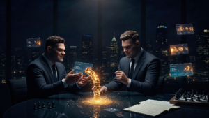 Phil Pelucha at a dark glass table watching a holographic deal pipeline card dissolve, representing the moment a founder loses a deal they expected to win.